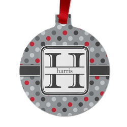 Red & Gray Polka Dots Metal Ball Ornament - Double Sided w/ Name and Initial