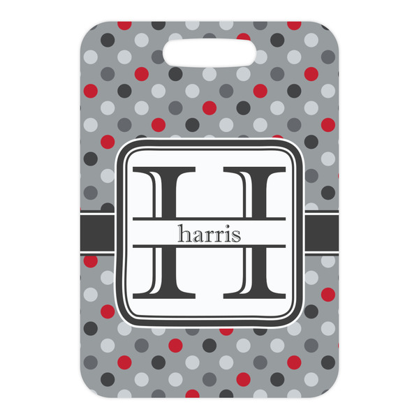 Red & Gray Polka Dots Metal Luggage Tag - Front Without Strap