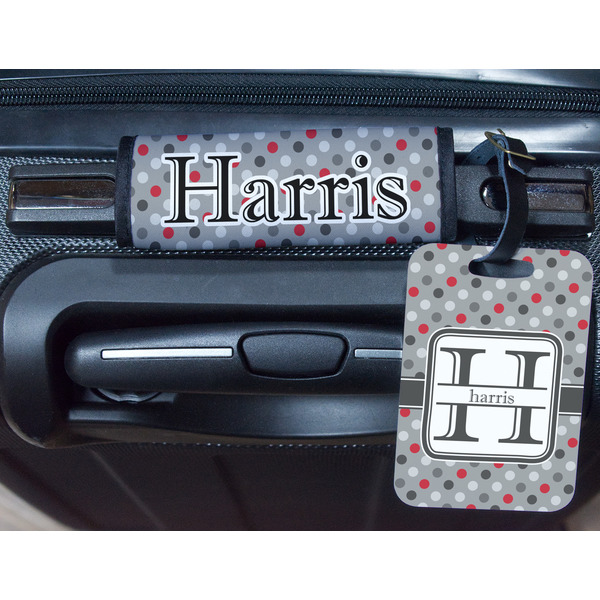 Red & Gray Polka Dots Metal Luggage Tag & Handle Wrap - In Context