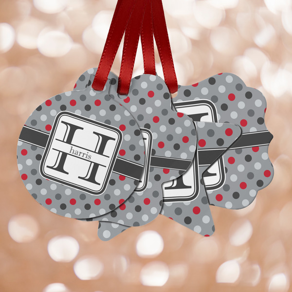 Custom Red & Gray Polka Dots Metal Ornaments - Double Sided w/ Name and Initial