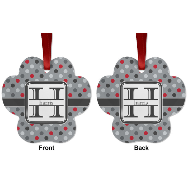Red & Gray Polka Dots Metal Paw Ornament - Front and Back