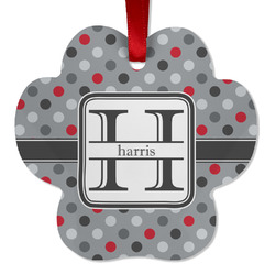 Red & Gray Polka Dots Metal Paw Ornament - Double Sided w/ Name and Initial