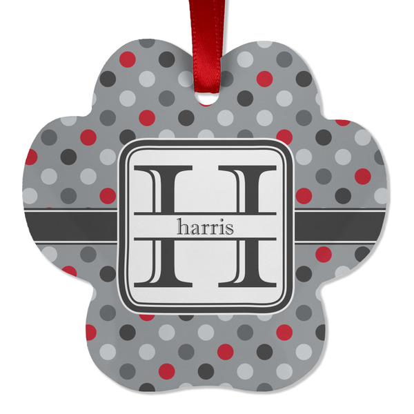 Custom Red & Gray Polka Dots Metal Paw Ornament - Double Sided w/ Name and Initial