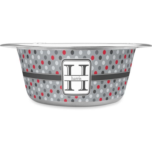 Custom Red & Gray Polka Dots Stainless Steel Dog Bowl - Large (Personalized)