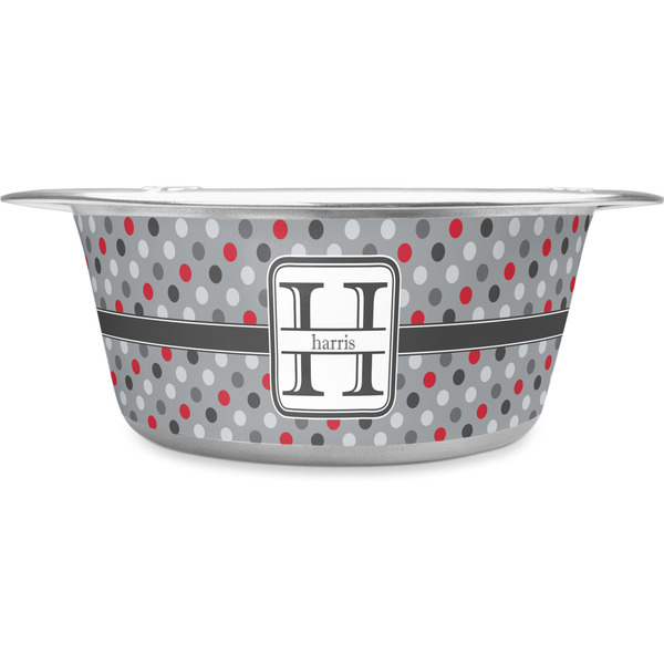 Custom Red & Gray Polka Dots Stainless Steel Dog Bowl - Large (Personalized)