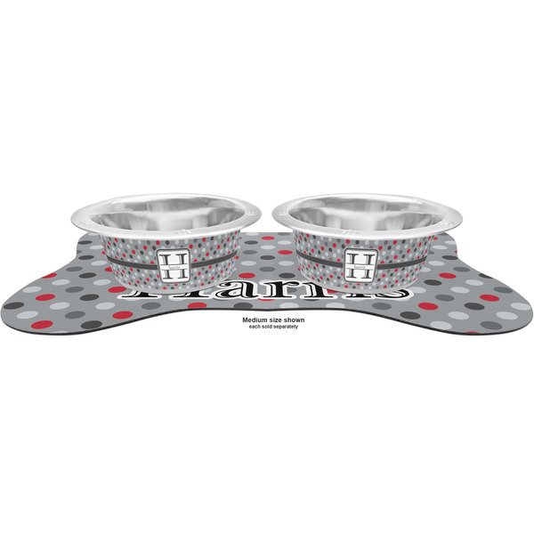 Red & Gray Polka Dots Metal Pet Bowls - On Dog Bone Shaped Mat