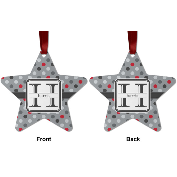 Red & Gray Polka Dots Metal Star Ornament - Front and Back