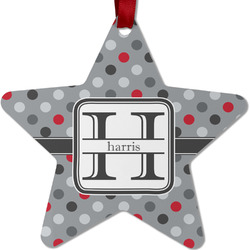 Red & Gray Polka Dots Metal Star Ornament - Double Sided w/ Name and Initial