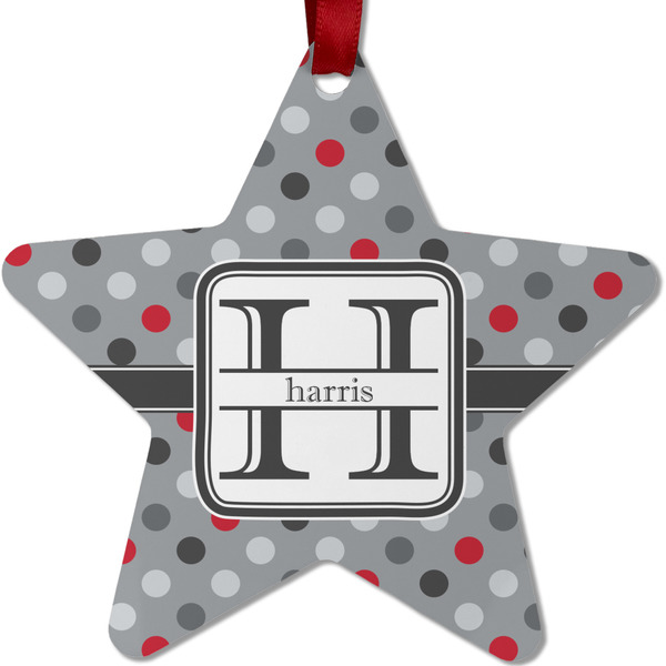 Custom Red & Gray Polka Dots Metal Star Ornament - Double Sided w/ Name and Initial