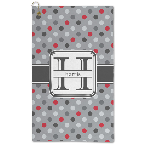 Custom Red & Gray Polka Dots Microfiber Golf Towel - Large (Personalized)