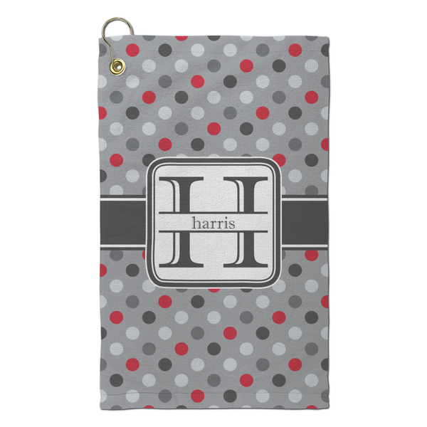 Custom Red & Gray Polka Dots Microfiber Golf Towel - Small (Personalized)