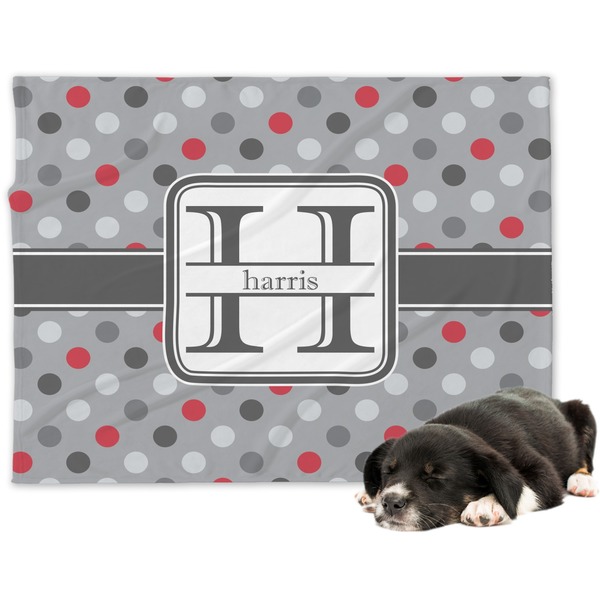 Custom Red & Gray Polka Dots Dog Blanket - Large (Personalized)