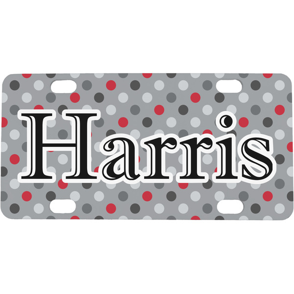 Custom Red & Gray Polka Dots Mini / Bicycle License Plate (4 Holes) (Personalized)