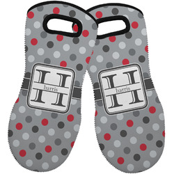 Red & Gray Polka Dots Neoprene Oven Mitts - Set of 2 w/ Name and Initial