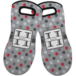 Red & Gray Polka Dots Neoprene Oven Mitts - Set of 2 w/ Name and Initial