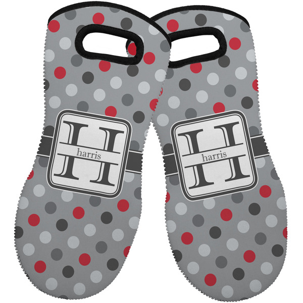 Custom Red & Gray Polka Dots Neoprene Oven Mitts - Set of 2 w/ Name and Initial