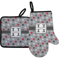 Red & Gray Polka Dots Oven Mitt & Pot Holder Set w/ Name and Initial
