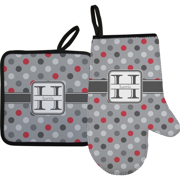 Custom Red & Gray Polka Dots Oven Mitt & Pot Holder Set w/ Name and Initial