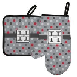 Red & Gray Polka Dots Left Oven Mitt & Pot Holder Set w/ Name and Initial