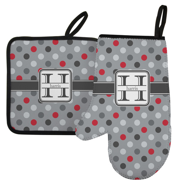 Custom Red & Gray Polka Dots Left Oven Mitt & Pot Holder Set w/ Name and Initial