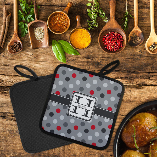 Red & Gray Polka Dots Neoprene Pot Holder - Set of 2  LIFESTYLE (Flatlay)