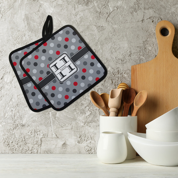 Red & Gray Polka Dots Neoprene Pot Holder - Set of 2  LIFESTYLE
