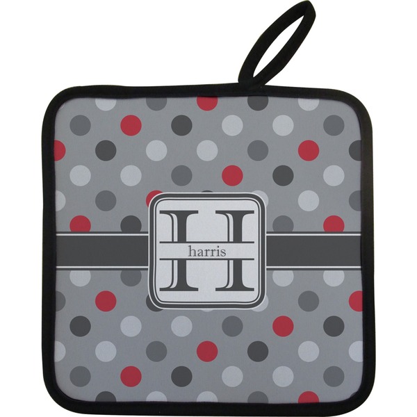 Custom Red & Gray Polka Dots Pot Holder w/ Name and Initial