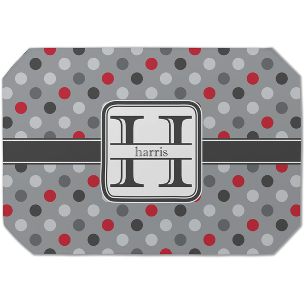 Custom Red & Gray Polka Dots Dining Table Mat - Octagon (Single-Sided) w/ Name and Initial
