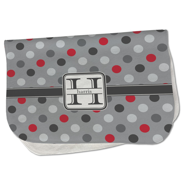 Custom Red & Gray Polka Dots Burp Cloth - Fleece w/ Name and Initial