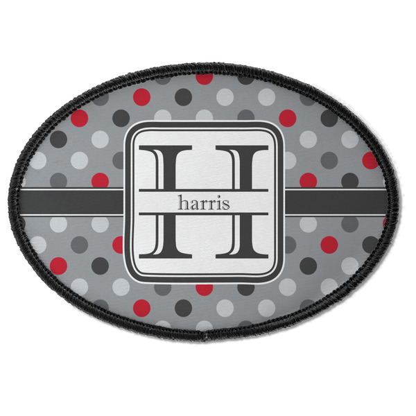 Custom Red & Gray Polka Dots Iron On Oval Patch w/ Name and Initial