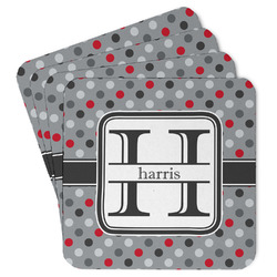 Red & Gray Polka Dots Paper Coasters w/ Name and Initial