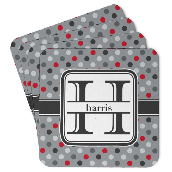 Custom Red & Gray Polka Dots Paper Coasters w/ Name and Initial