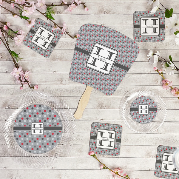 Red & Gray Polka Dots Party Supplies Combination Image - All items - Plates, Coasters, Fans