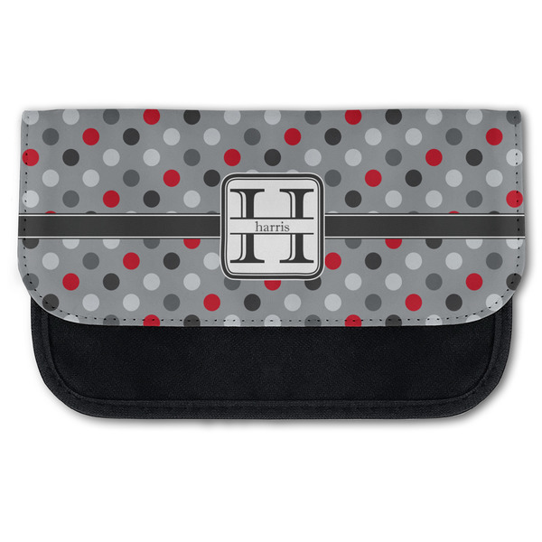Custom Red & Gray Polka Dots Canvas Pencil Case w/ Name and Initial