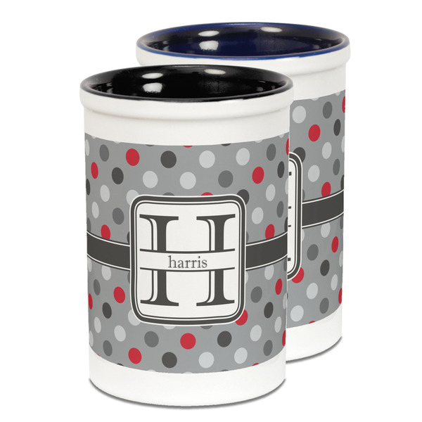 Custom Red & Gray Polka Dots Ceramic Pencil Holder - Large