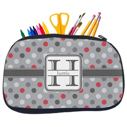 Red & Gray Polka Dots Neoprene Pencil Case - Medium w/ Name and Initial