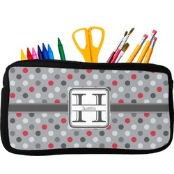 Red & Gray Polka Dots Neoprene Pencil Case - Small w/ Name and Initial