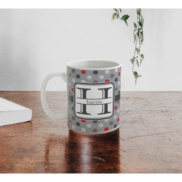 Red & Gray Polka Dots Personalized Coffee Mug - Lifestyle