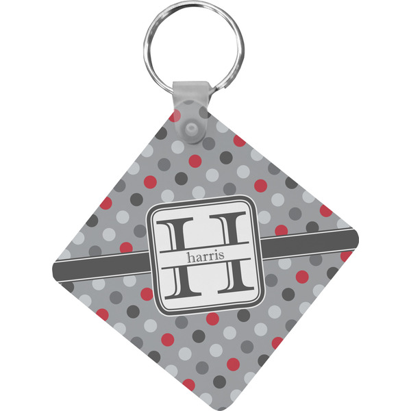 Custom Red & Gray Polka Dots Diamond Plastic Keychain w/ Name and Initial