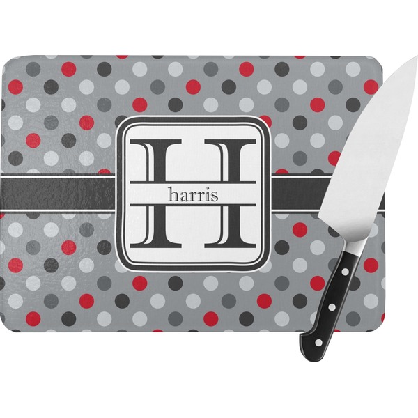 Custom Red & Gray Polka Dots Rectangular Glass Cutting Board - Large - 15.25"x11.25" w/ Name and Initial