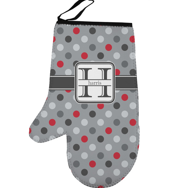 Custom Red & Gray Polka Dots Left Oven Mitt (Personalized)