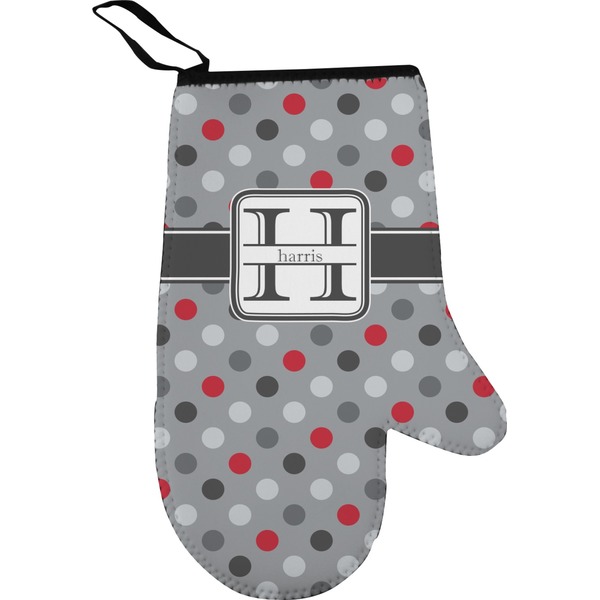Custom Red & Gray Polka Dots Right Oven Mitt (Personalized)