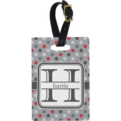 Red & Gray Polka Dots Plastic Luggage Tag - Rectangular w/ Name and Initial