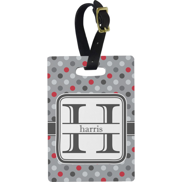 Custom Red & Gray Polka Dots Plastic Luggage Tag - Rectangular w/ Name and Initial