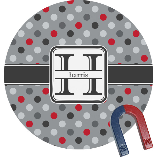 Custom Red & Gray Polka Dots Round Fridge Magnet (Personalized)