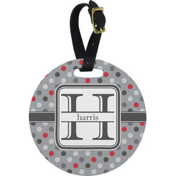 Red & Gray Polka Dots Plastic Luggage Tag - Round (Personalized)