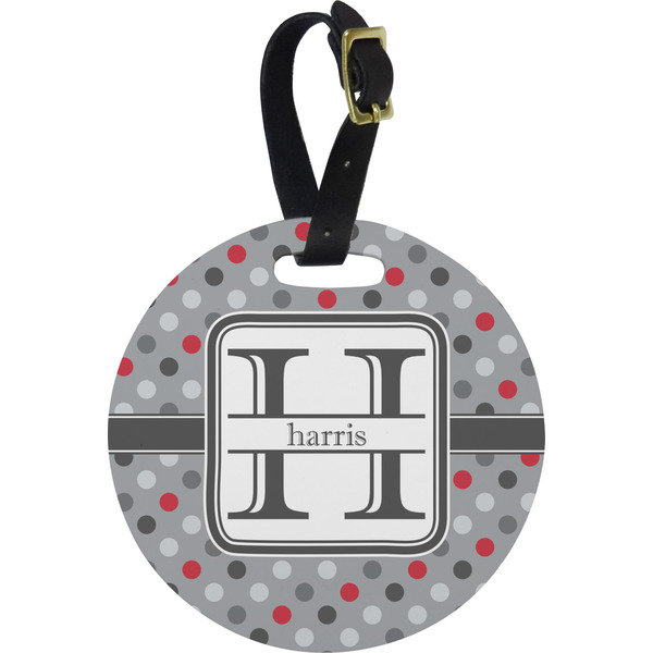 Custom Red & Gray Polka Dots Plastic Luggage Tag - Round (Personalized)