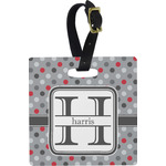 Red & Gray Polka Dots Plastic Luggage Tag - Square w/ Name and Initial