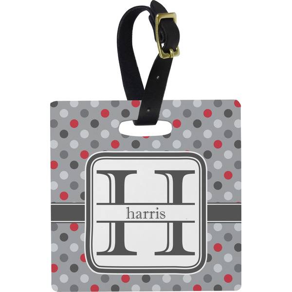 Custom Red & Gray Polka Dots Plastic Luggage Tag - Square w/ Name and Initial