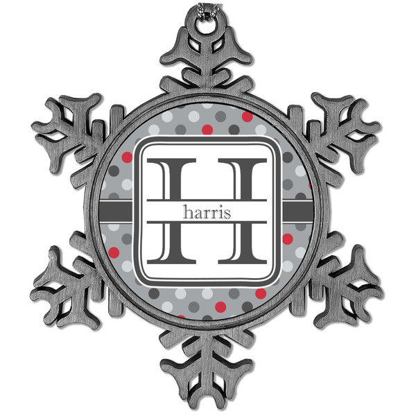 Custom Red & Gray Polka Dots Vintage Snowflake Ornament (Personalized)